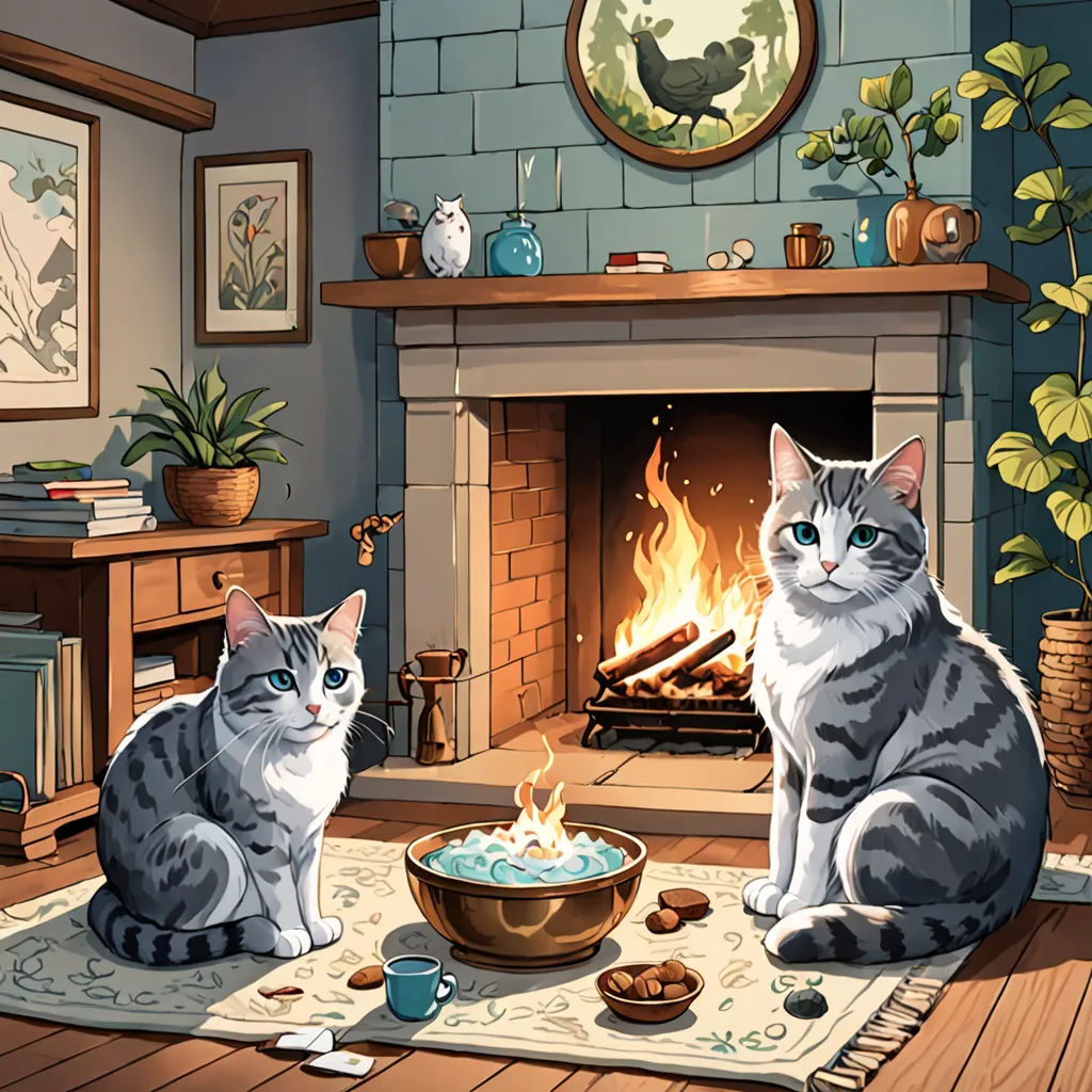 two cats sitting on a rug in front of a fireplace with a bowl of food in front of it, furry art, a storybook illustration, Brothers Hildebrandt, official art