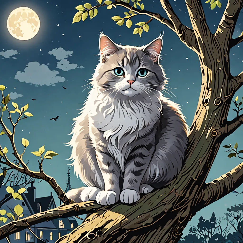 a cat sitting on a tree branch with a full moon in the background and a building in the distance, fantasy art, a storybook illustration, Dan Mumford, josan gonzales and dan mumford