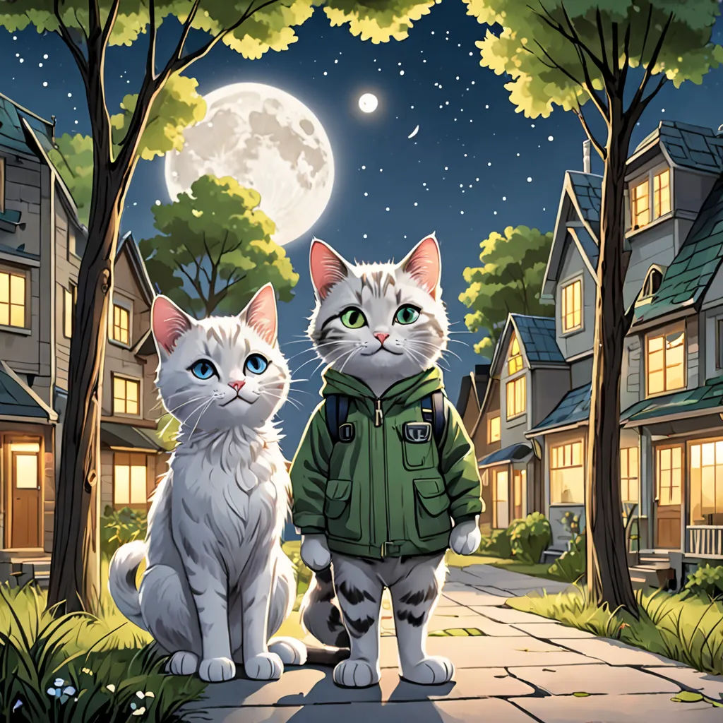 two cats are standing on a sidewalk in front of a full moon and trees, with a full moon in the background, furry art, poster art, Chris LaBrooy, official art