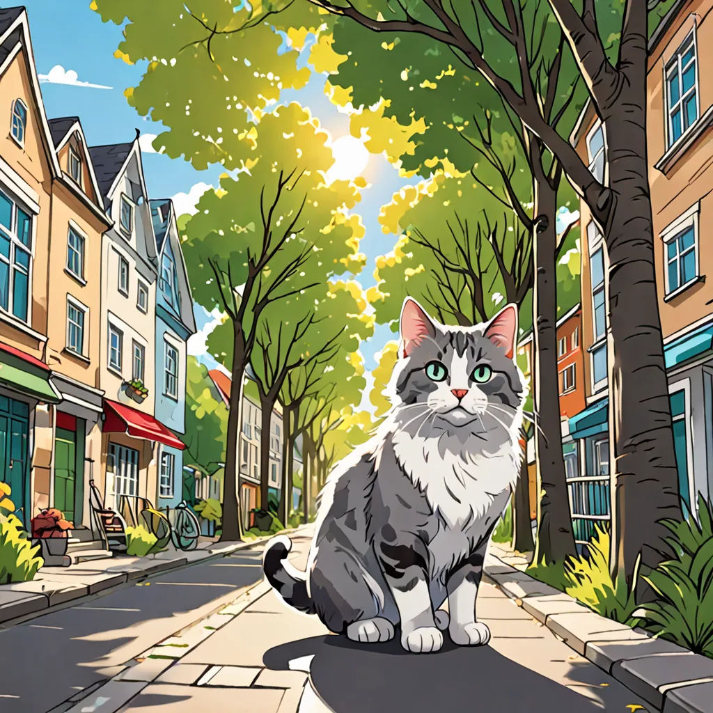 a cat sitting on a street in a city with trees and buildings in the background, with a bicycle parked on the sidewalk, sots art, a comic book panel, Chip Zdarsky, official art