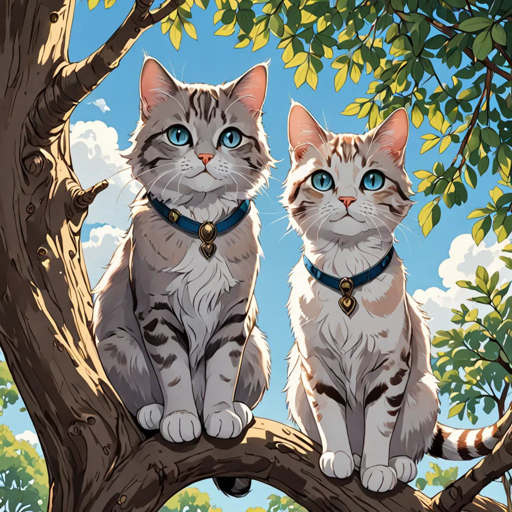 two cats sitting on a tree branch with a sky background and clouds in the background, one of them is wearing a collar, furry art, a storybook illustration, Brothers Hildebrandt, rossdraws global illumination