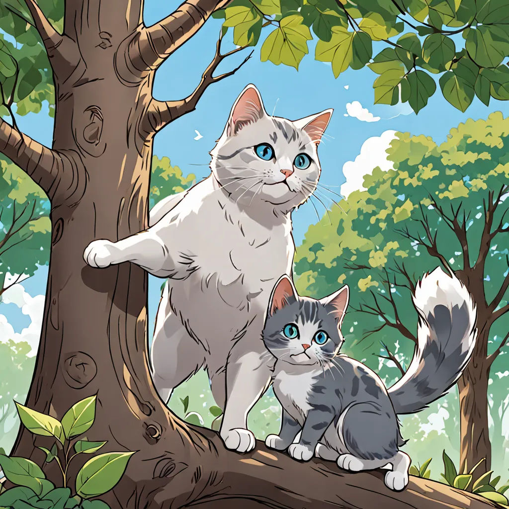a cat and a kitten sitting on a tree branch in a forest with leaves and a sky background with clouds, sots art, a storybook illustration, Cynthia Sheppard, official art