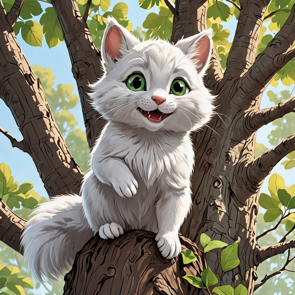 a white cat sitting on top of a tree branch with green eyes and a smile on its face,, furry art, a character portrait, Chris Rallis, official art