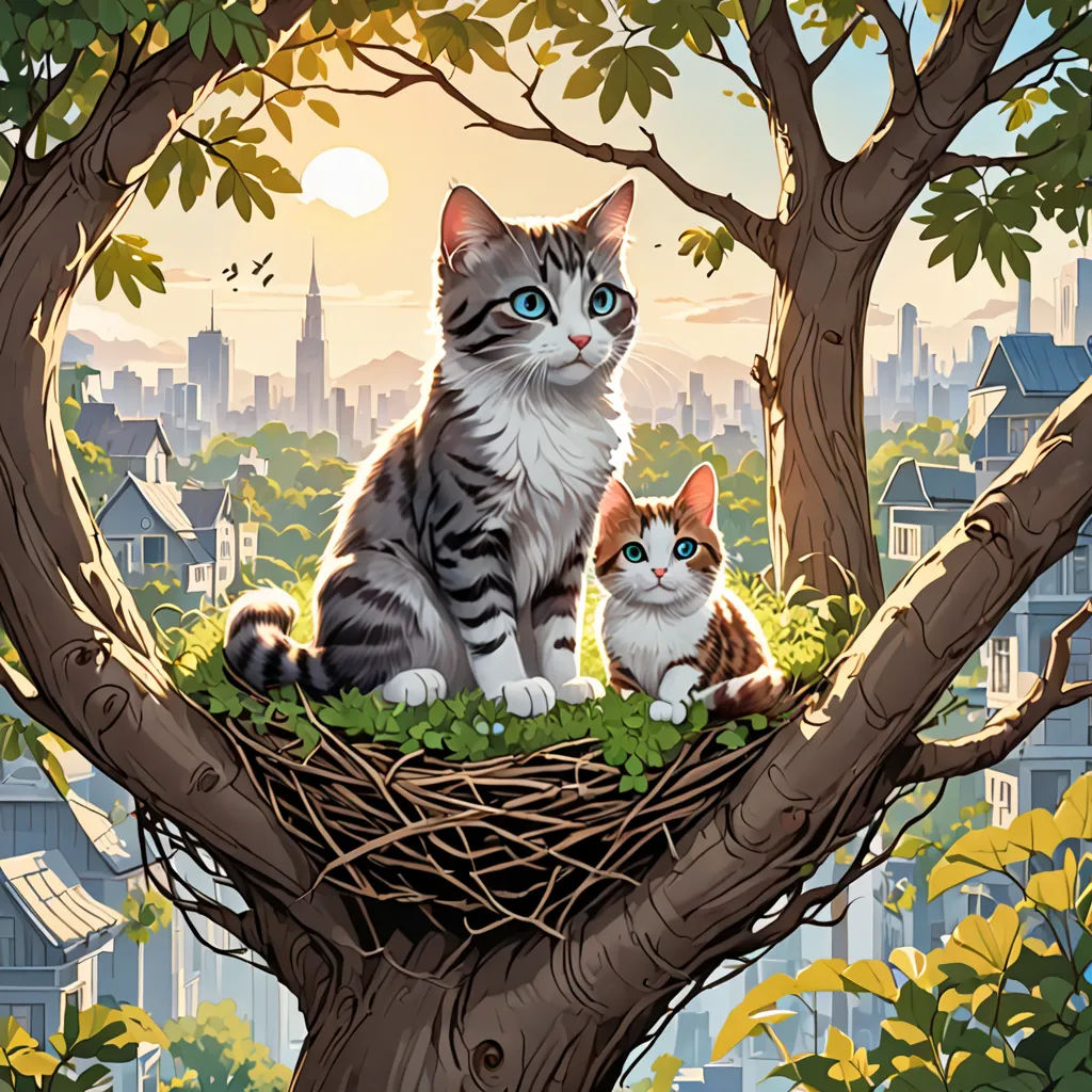 a cat and a kitten sitting in a nest on a tree branch in a cityscape with a sunset, altermodern, a storybook illustration, Chris LaBrooy, official art