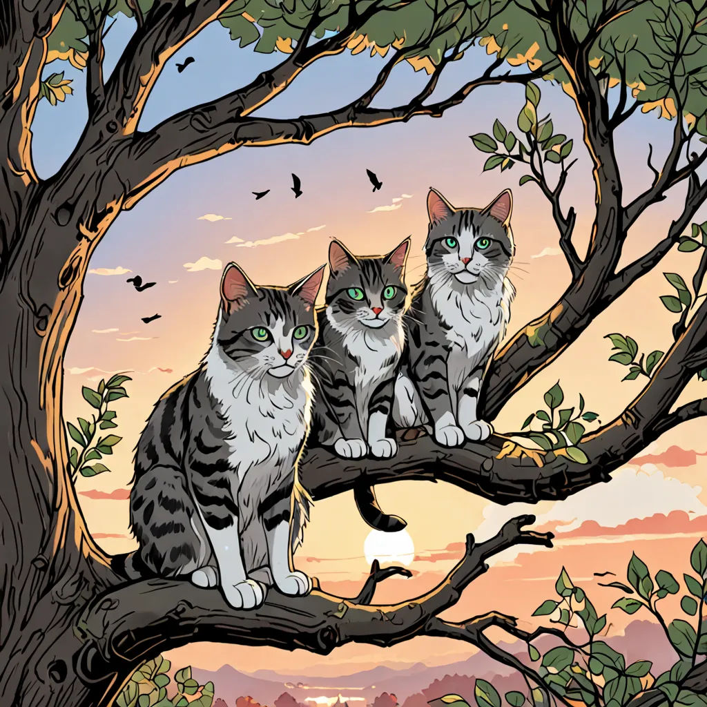 three cats sitting on a tree branch with a sunset in the background and birds flying overhead in the sky, serial art, a comic book panel, Dan Mumford, josan gonzales and dan mumford