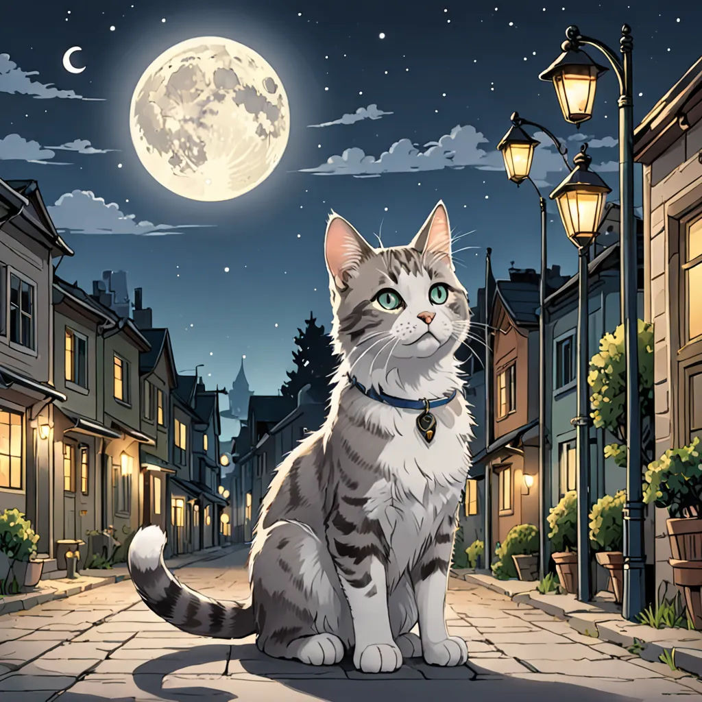 a cat sitting on a sidewalk in front of a full moon and street lamp post with a full moon in the background, furry art, a storybook illustration, artist, official art
