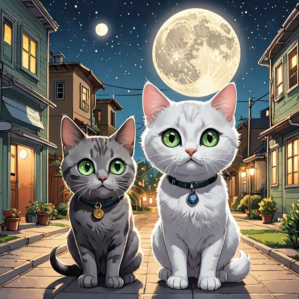 two cats sitting on a sidewalk in front of a full moon and a full moon in the sky above them, sots art, a storybook illustration, Felix-Kelly, official art