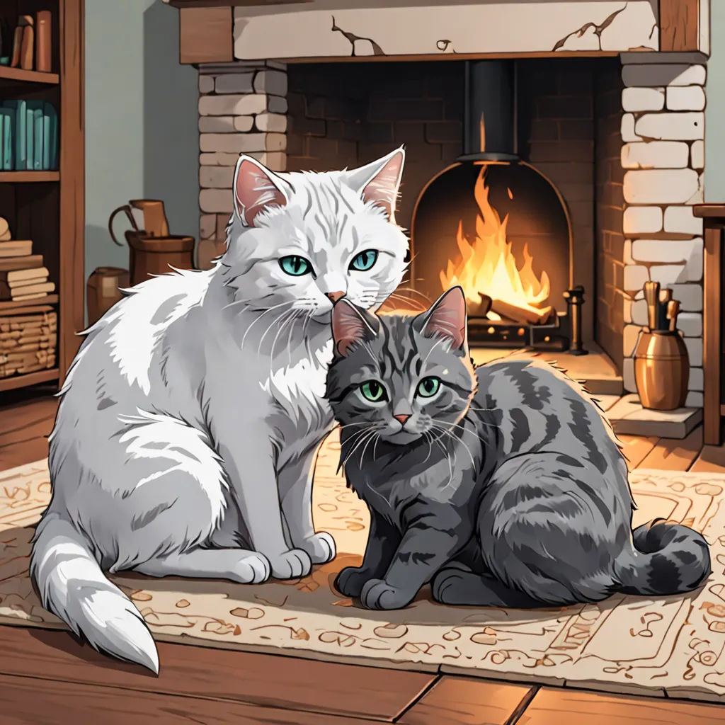 a couple of cats sitting on top of a rug in front of a fireplace with a fire place in the background, sots art, a storybook illustration, Bálint Kiss, official art