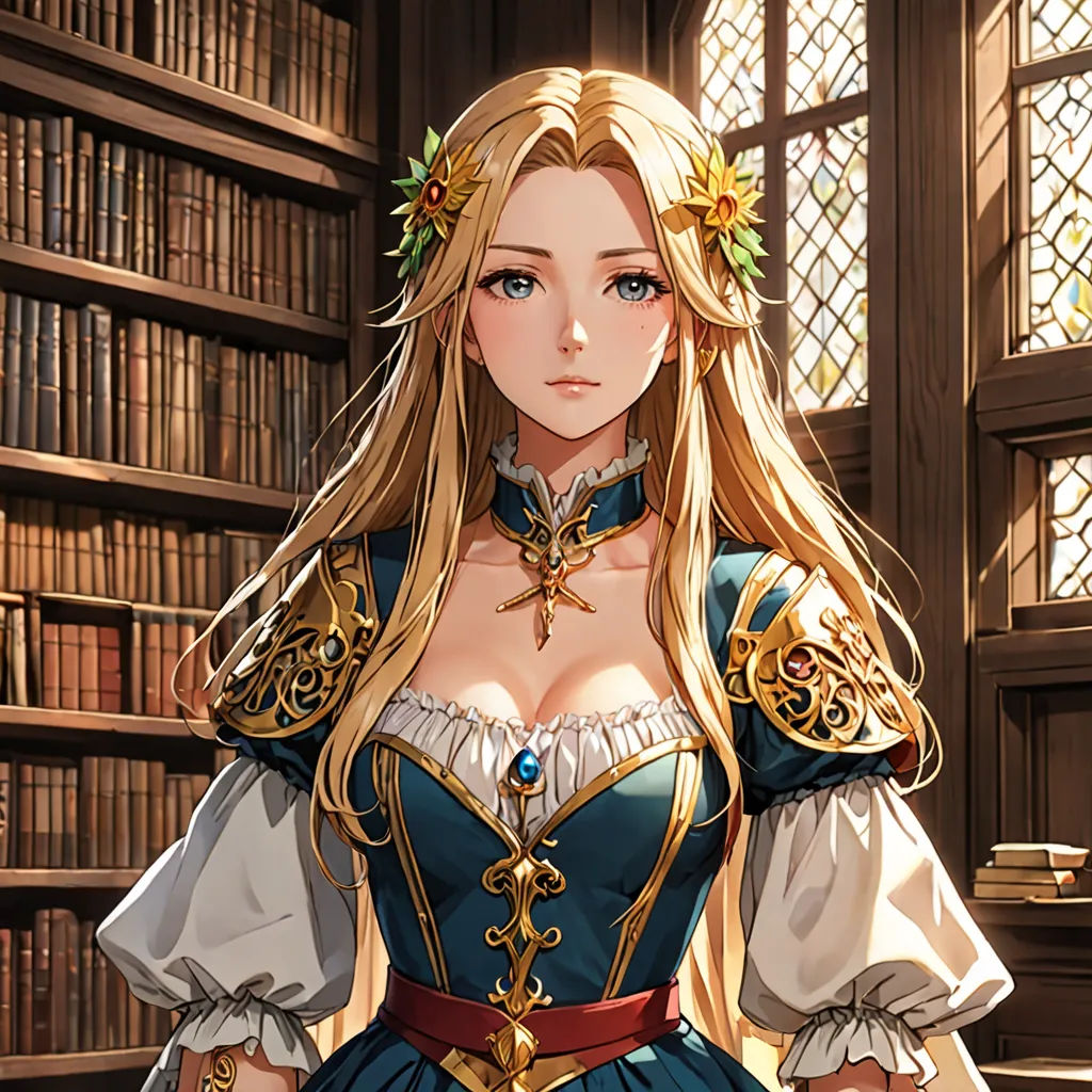 a woman in a blue dress standing in front of a bookcase with bookshelves behind her and a window, fantasy art, a detailed painting, Artgerm, octopath traveler