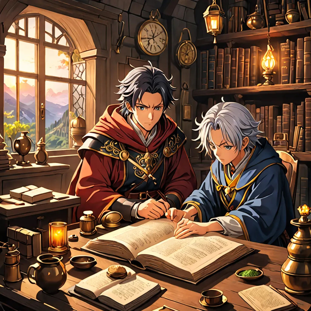 two people sitting at a table with an open book in front of them and a clock in the background, sots art, a storybook illustration, Brothers Hildebrandt, official art