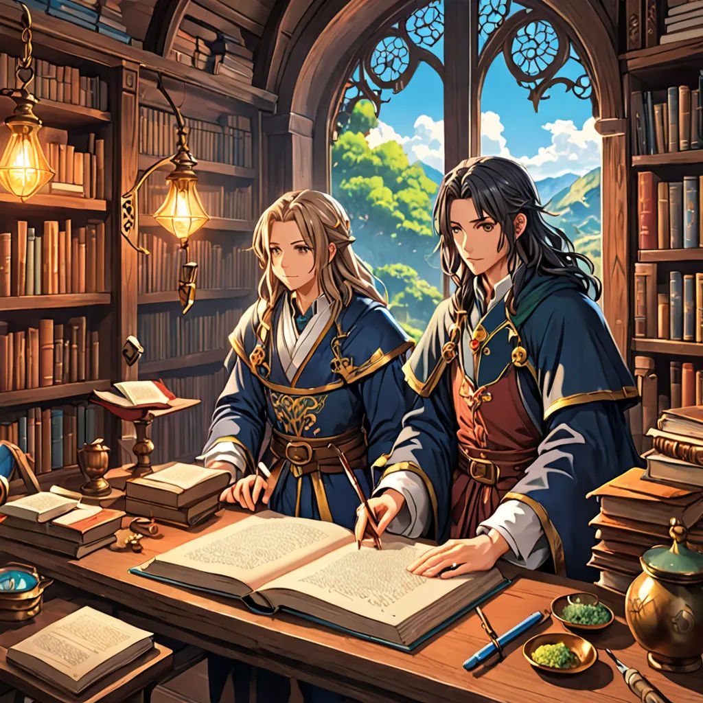 two people sitting at a table with books and a lamp in front of them, in a library with a window, academic art, concept art, Brothers Hildebrandt, octopath traveler