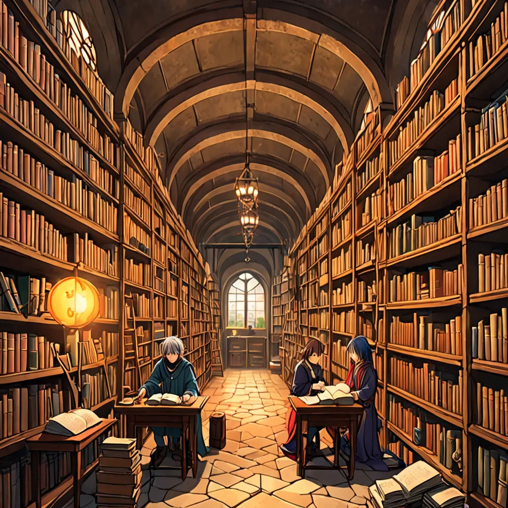 a painting of two people sitting at a table in a library with books on the shelves and a lamp on the floor, academic art, a storybook illustration, Andreas Rocha, official art