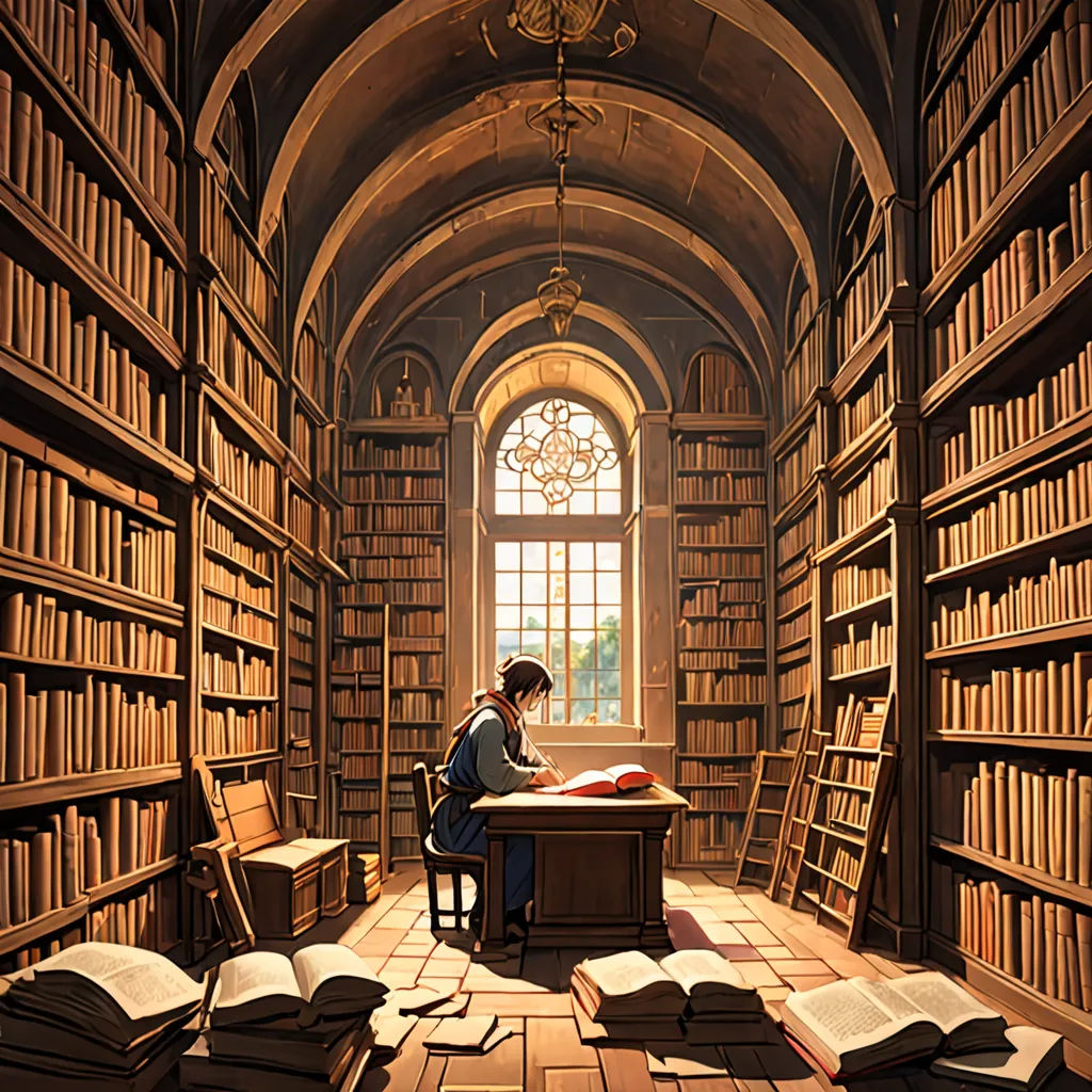 a person sitting at a desk in a library filled with books and a lot of bookshelves full of books, fantasy art, a storybook illustration, Cyril Rolando, storybook illustration