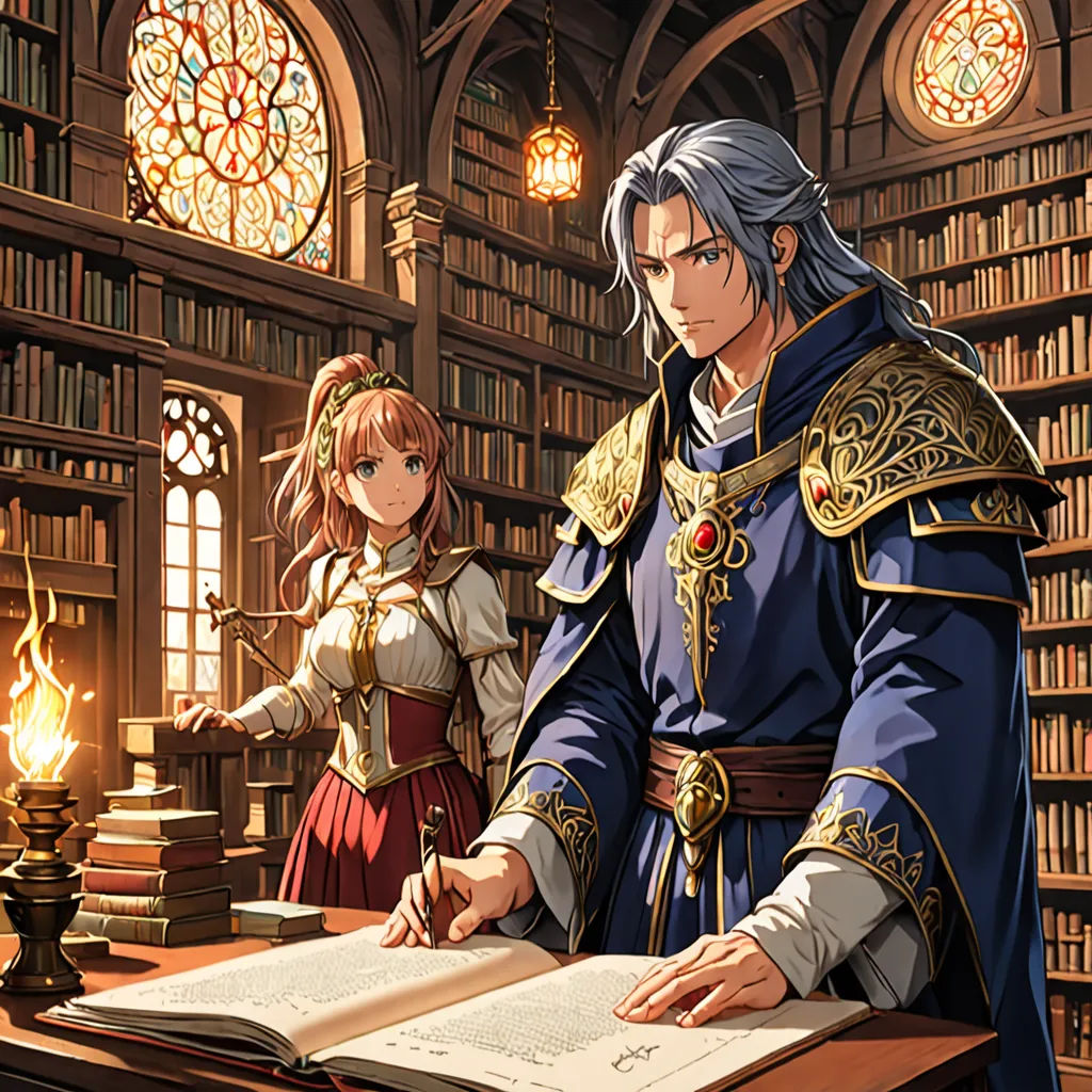 a man and woman in a library with a book open and a candle lit in front of them,, academic art, concept art, Akihiko Yoshida, official art