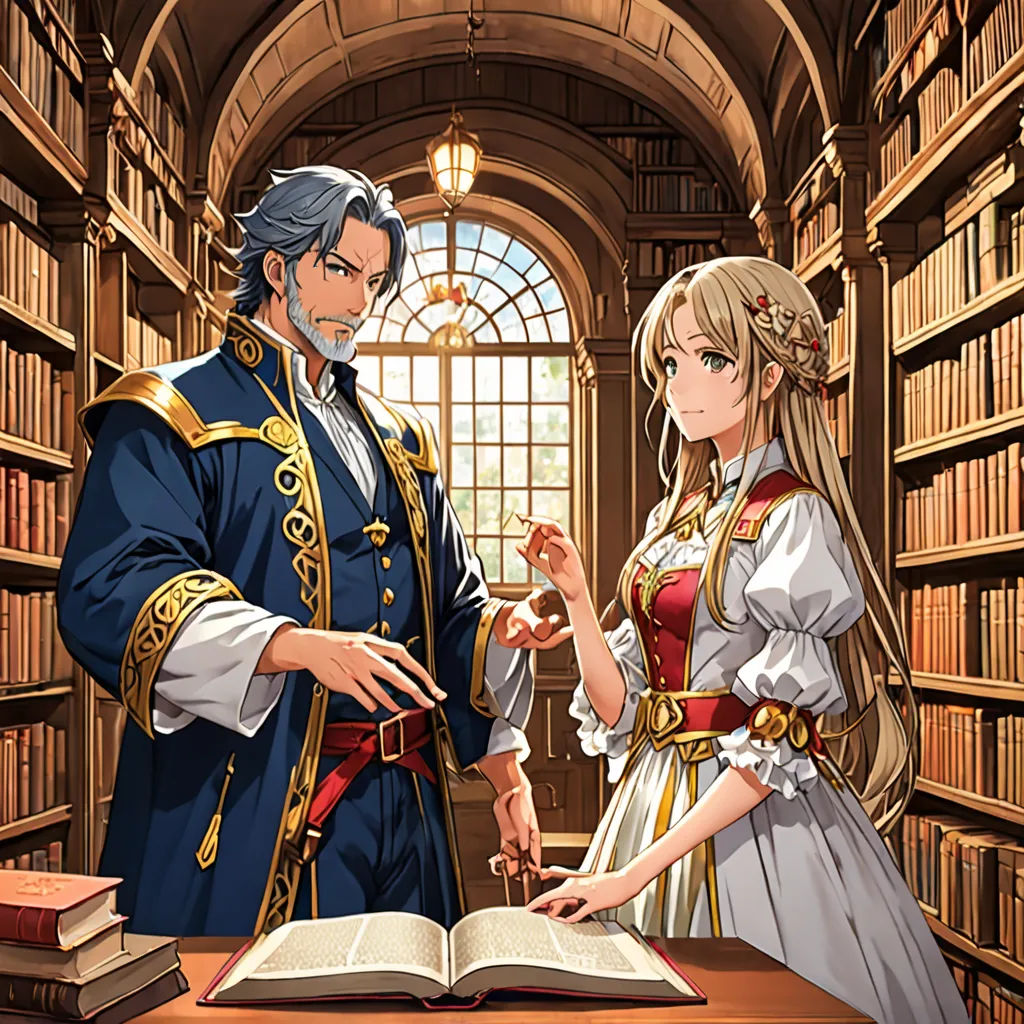 a man and a woman standing in front of a bookcase in a library with books on the shelves, remodernism, a detailed painting, Anne Said, official art