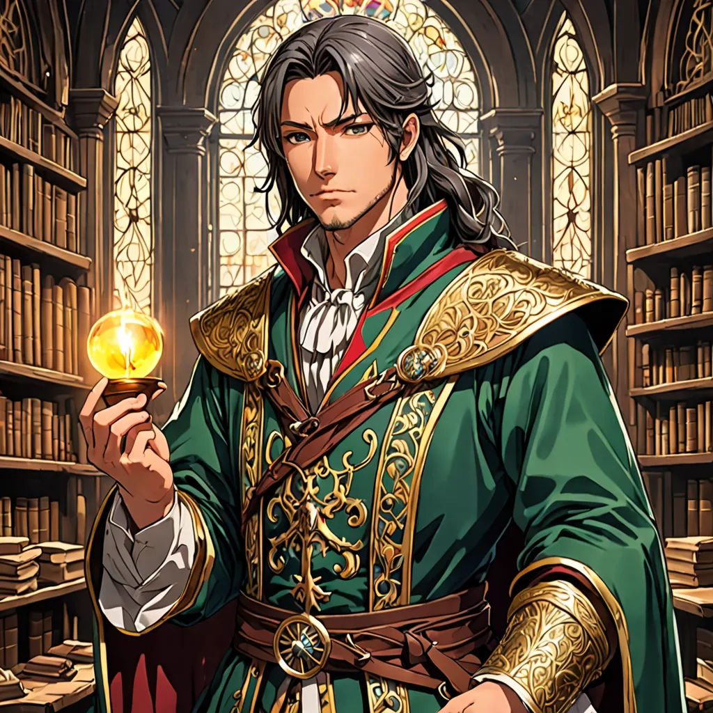 a man in a green and gold outfit holding a golden ball in a library with bookshelves behind him, pre-raphaelitism, a character portrait, Edmond Xavier Kapp, octopath traveler