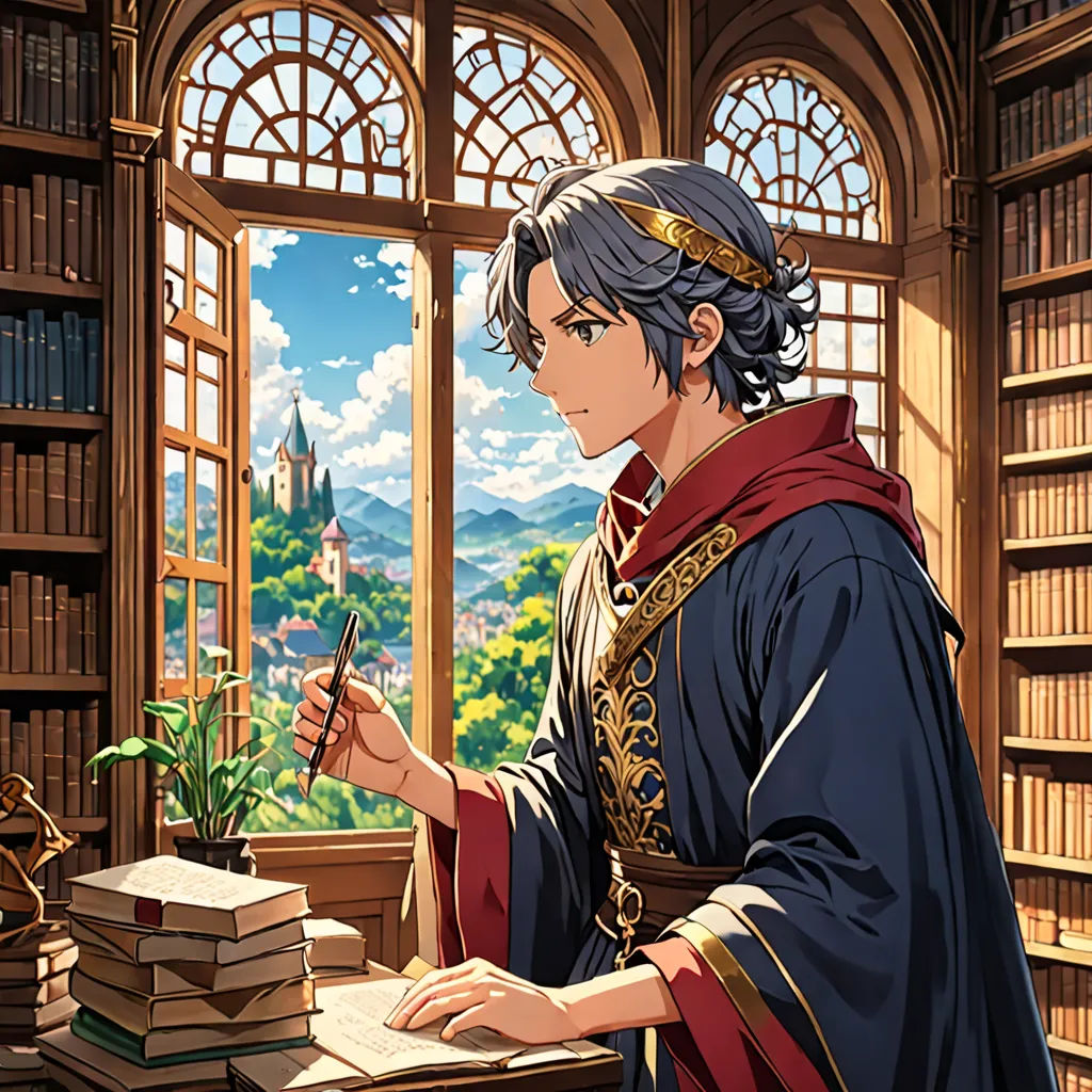 a man in a library with a book and a pen in his hand and a book in his other hand, academic art, concept art, Bob Ross, official art