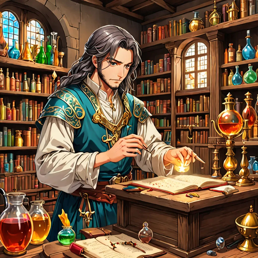 a man in a library with a book and a lot of books on the shelves and a desk with a book, fantasy art, a character portrait, Cedric Seaut (Keos Masons), octopath traveler
