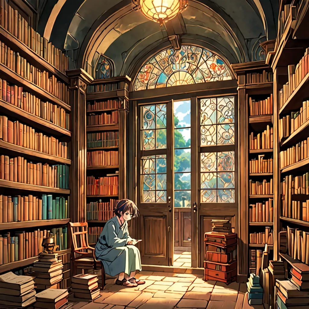 a woman sitting in a library reading a book next to a window filled with books and a lamp hanging from the ceiling, fantasy art, a storybook illustration, Evgeny Lushpin, official art