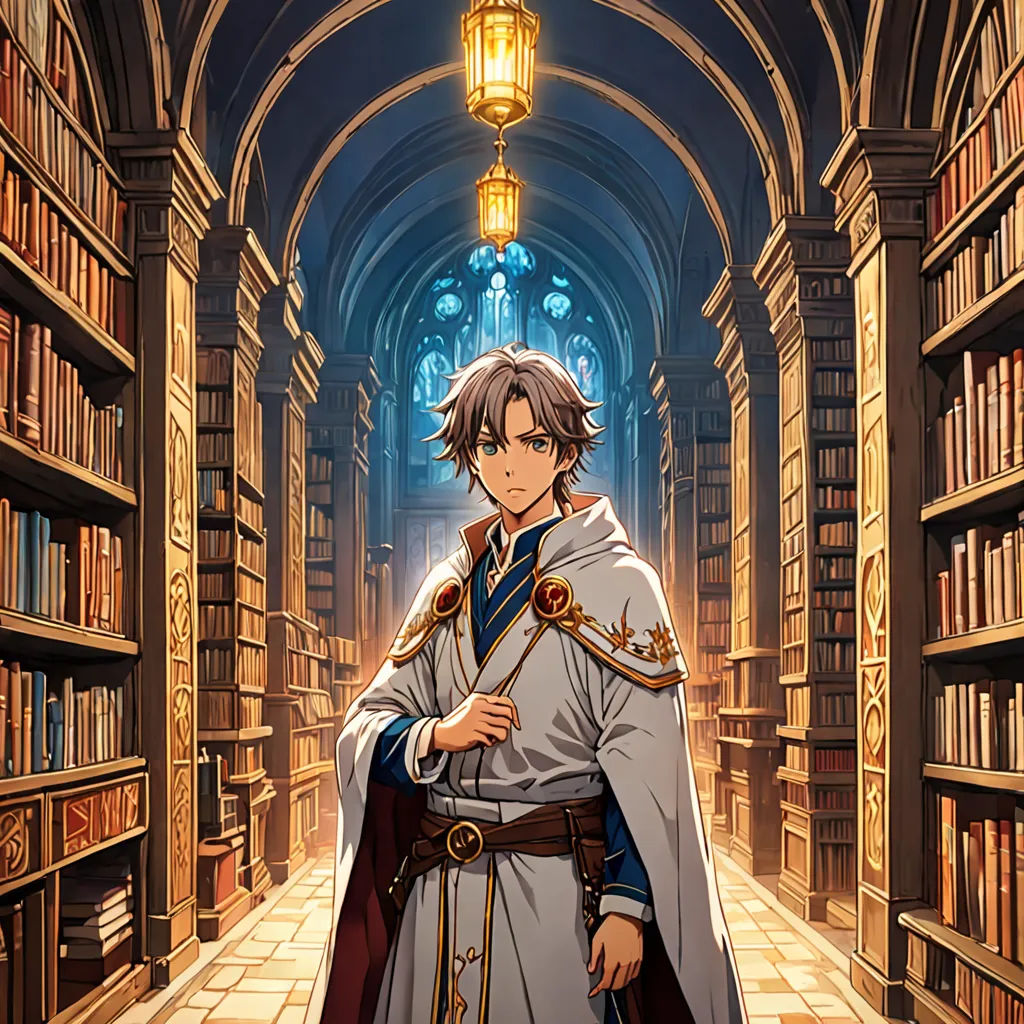 a man in a library with a cloak on his head and a cape on his shoulders, standing in front of a bookcase, sots art, concept art, Armin Hansen, official art