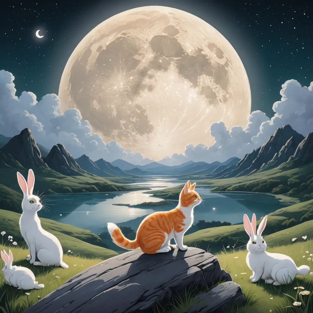 a cat and two rabbits sitting on a rock in front of a full moon and a lake with mountains, magic realism, a storybook illustration, David Paton, highly detailed digital painting