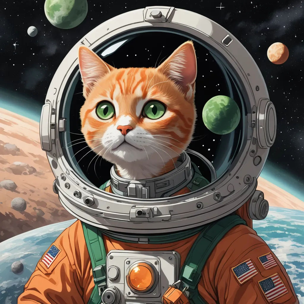 a cat in a space suit with green eyes looking out of a window at the earth and stars in the background, space art, digital art, Chris LaBrooy, josan gonzales and dan mumford