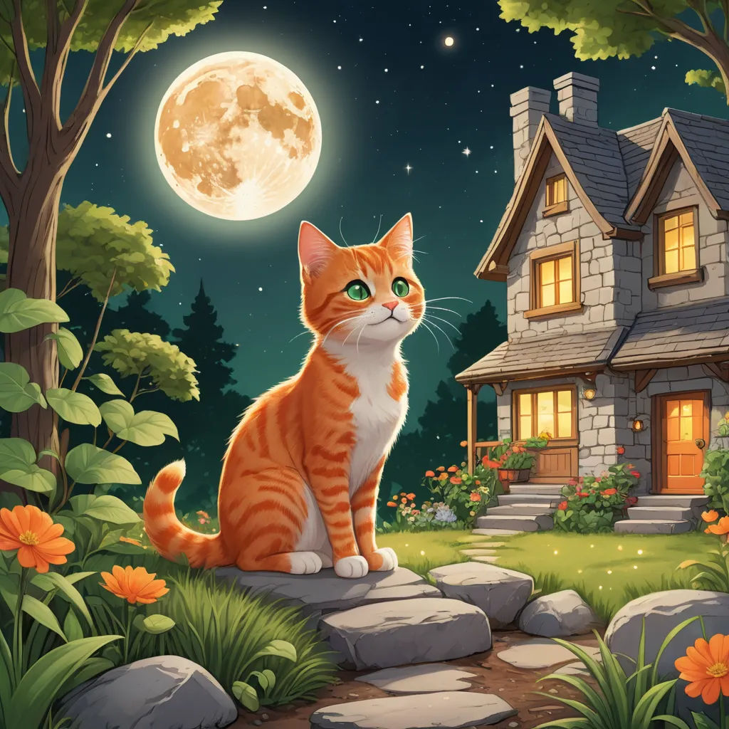 a cat sitting on a rock in front of a house at night with the moon in the sky above, fantasy art, a storybook illustration, Chris LaBrooy, official art