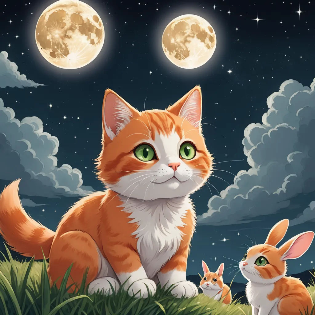 a cat and a bunny are sitting in the grass under the moon and stars, with the moon in the background, space art, a storybook illustration, Dan Mumford, comic cover art