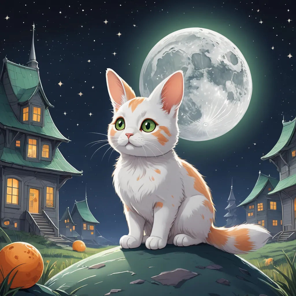 a cat sitting on a rock in front of a full moon and a house with a full moon in the background, sots art, a character portrait, Chris LaBrooy, key art