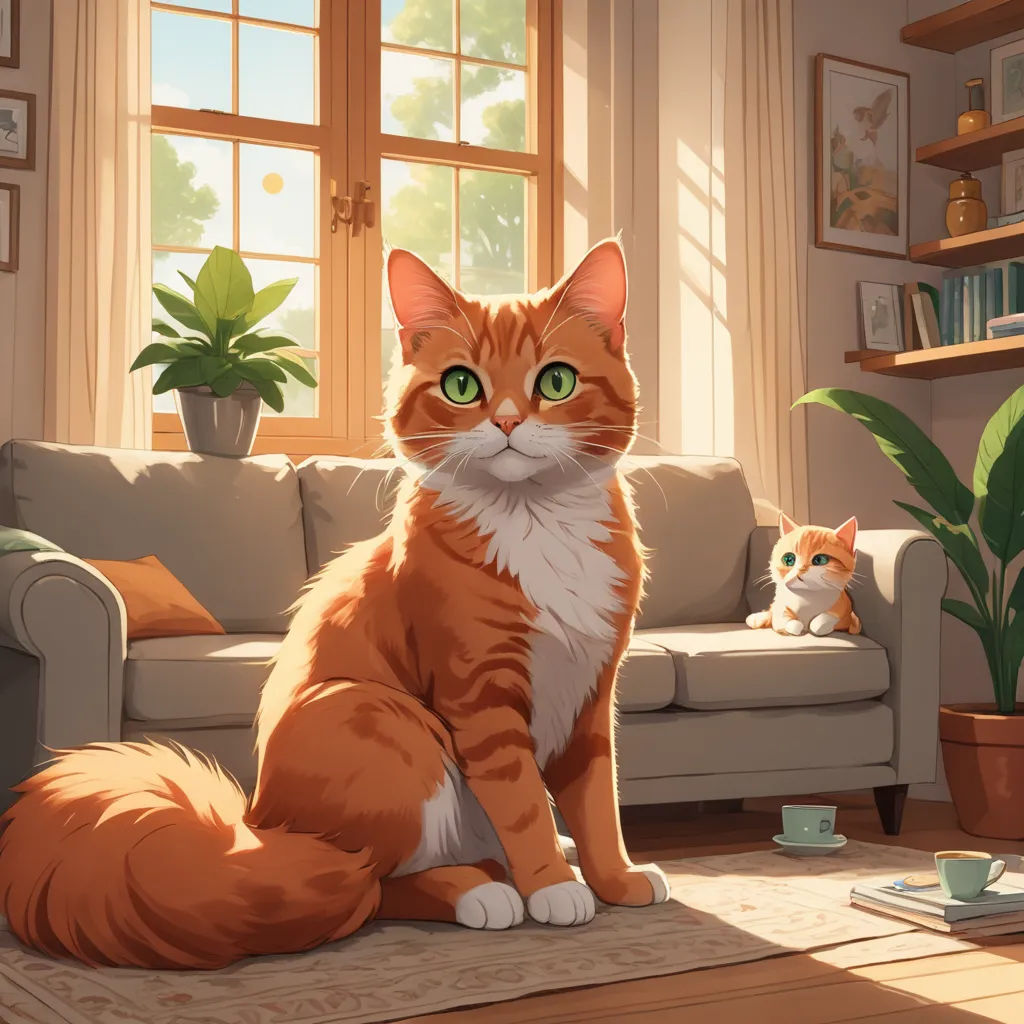 a cat sitting on a rug in a living room next to a couch and a cat sitting on a rug, sots art, a storybook illustration, Chris LaBrooy, rossdraws global illumination