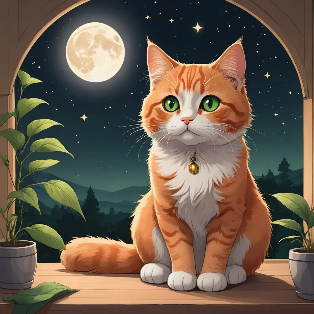 a cat sitting on a ledge in front of a window with a full moon in the background and a house plant in the foreground, space art, a storybook illustration, Cyril Rolando, trending on art station