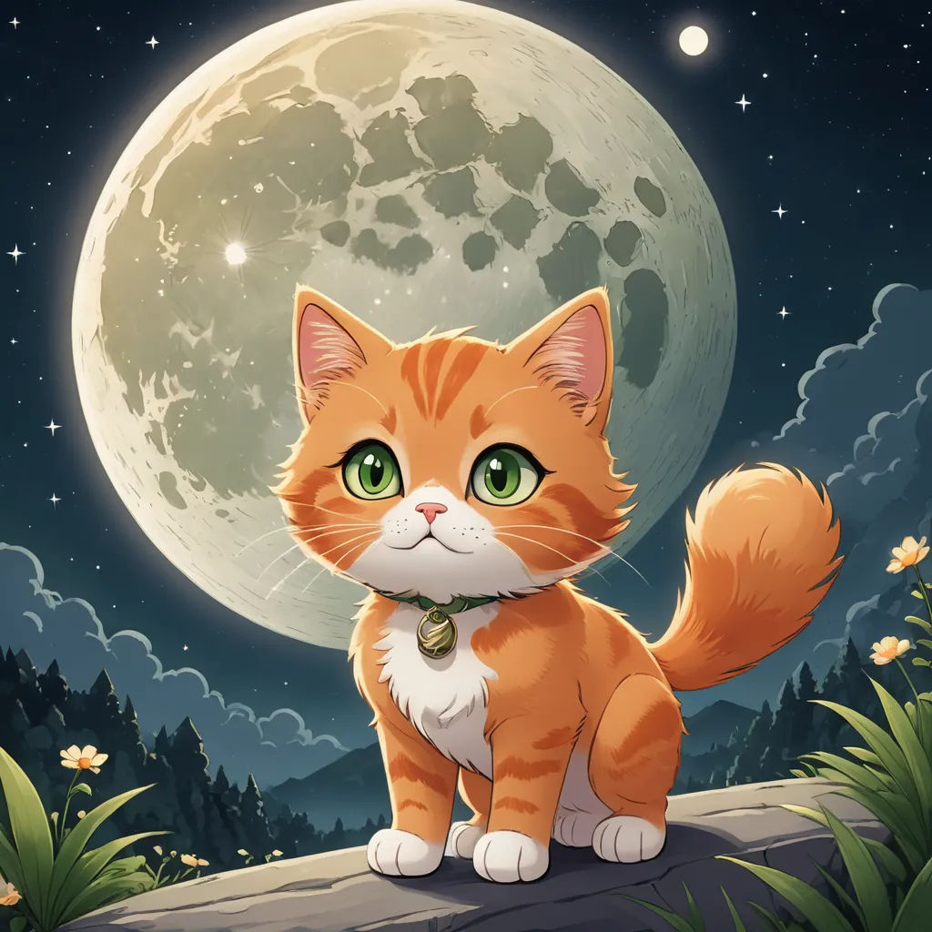 a cat sitting on a rock in front of a full moon with stars and clouds in the sky and a full moon behind it, sots art, a character portrait, Anne Said, game art