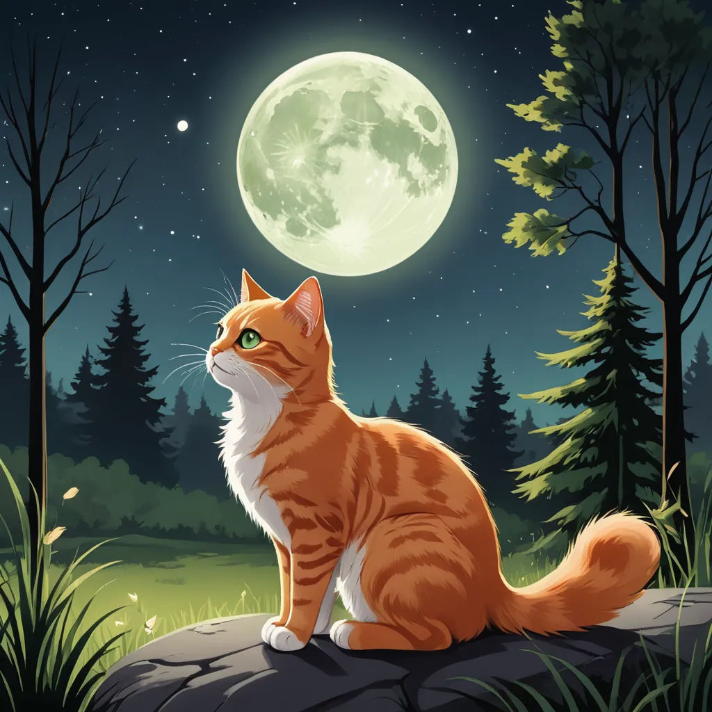 a cat sitting on a rock in the forest at night with the moon in the background and trees in the foreground, space art, a storybook illustration, Carlos Catasse, game art