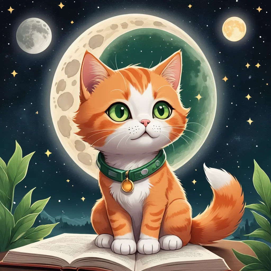 a cat sitting on top of a book with a green collar on it's neck and a full moon in the background, fantasy art, a storybook illustration, Elinor Proby Adams, game art