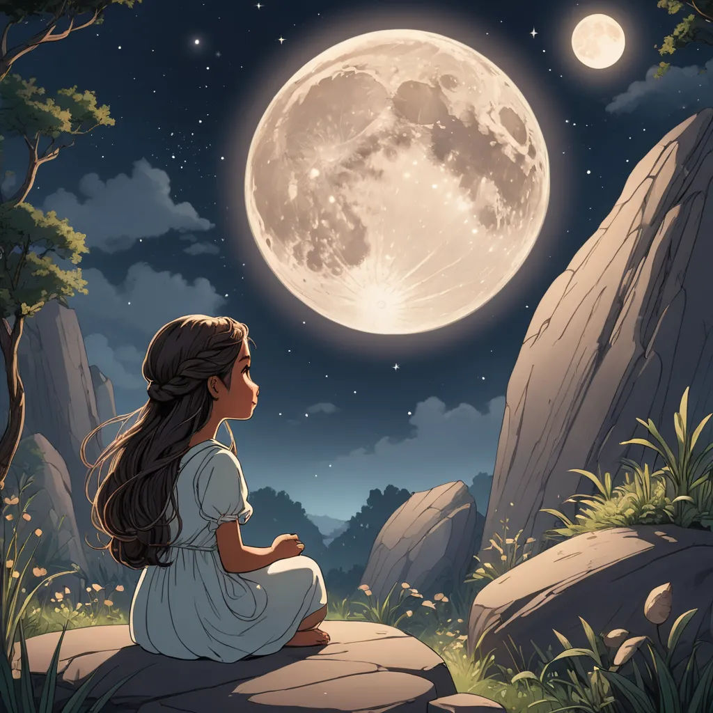 a girl sitting on a rock looking at the moon in the sky above her head and a full moon in the sky above her, fantasy art, a storybook illustration, Cliff Childs, moon