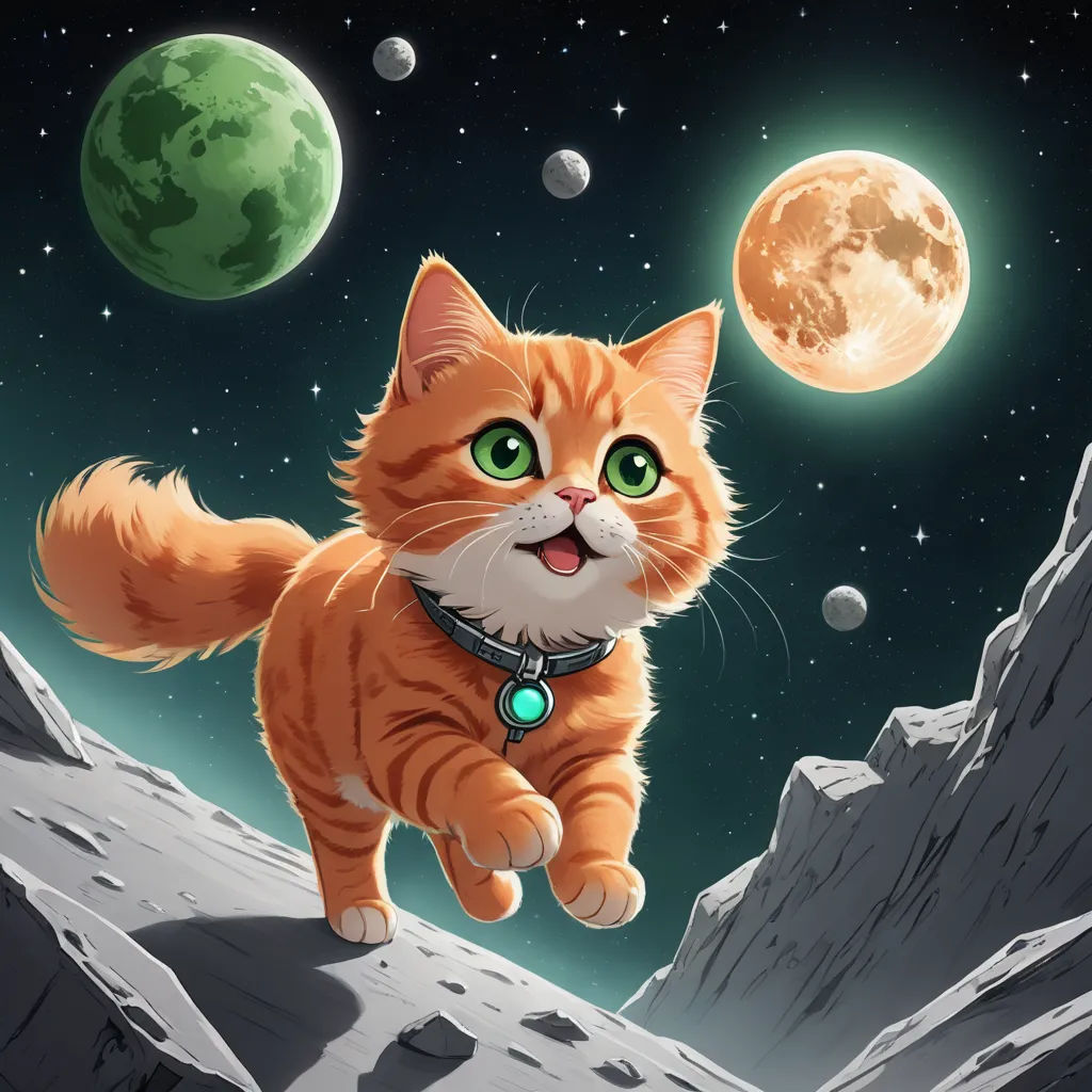 a cat is running on the moon with a green light on its collar and a green light on its collar, space art, a storybook illustration, Chris LaBrooy, official art