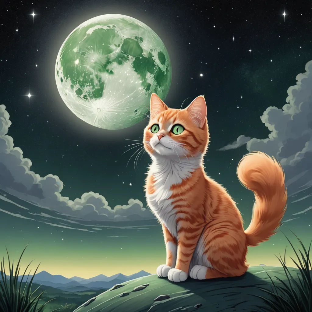a cat sitting on a hill looking at the moon in the sky with stars and clouds in the background, space art, a storybook illustration, Dan Mumford, official art