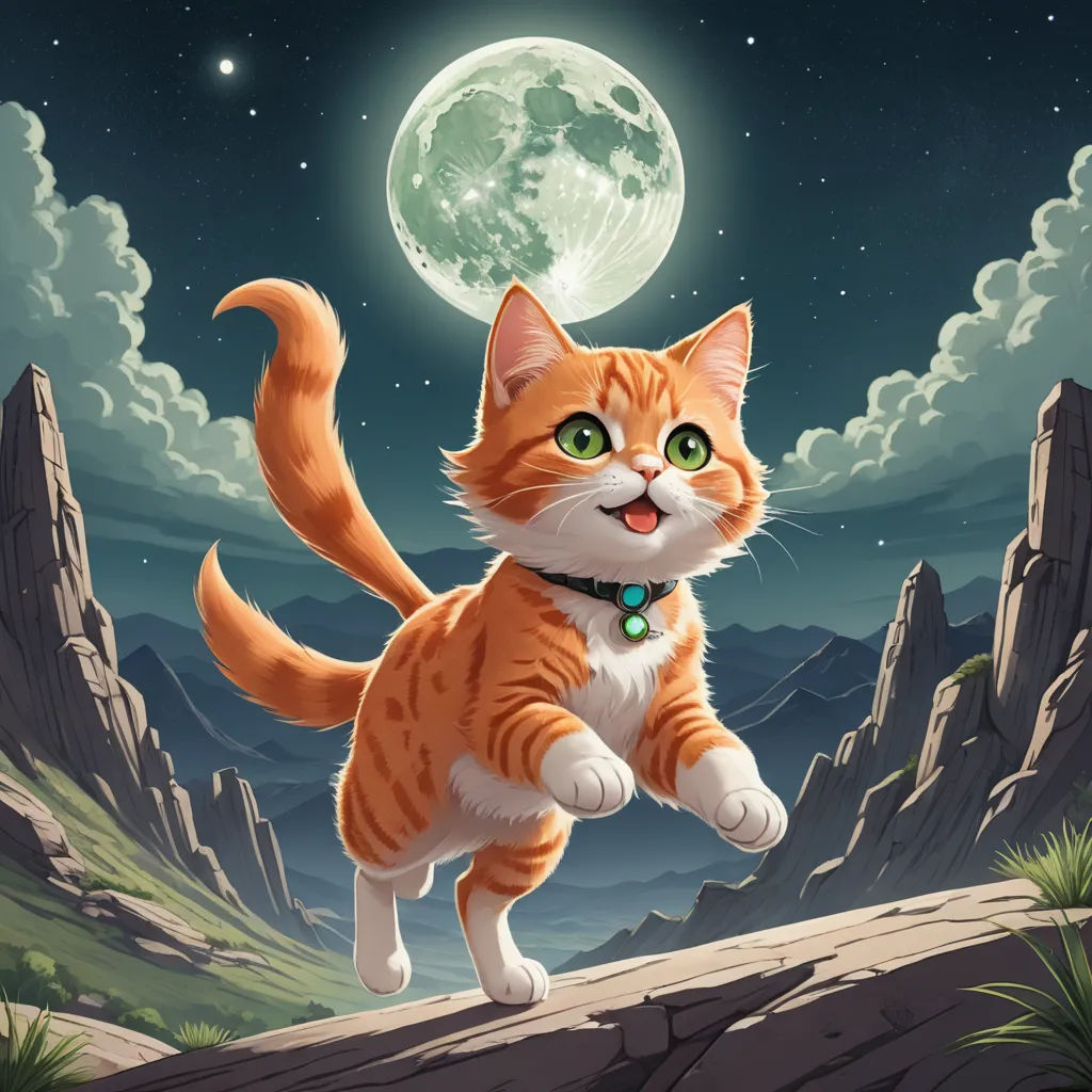 a cat is jumping in the air with a full moon in the background and a mountain range in the foreground, sots art, a storybook illustration, Dan Mumford, official art
