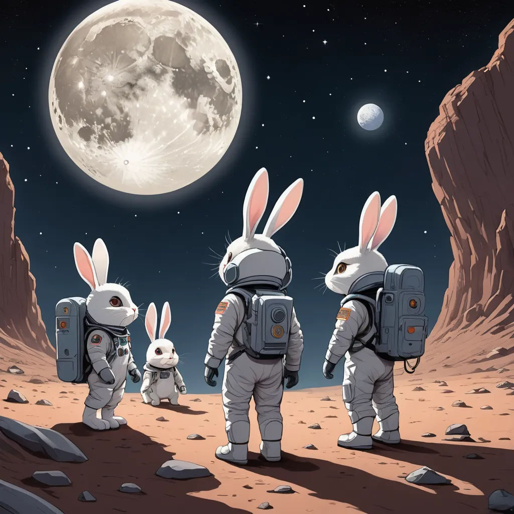 a group of rabbits in space suits walking towards a full moon with backpacks on their backs and backpacks on their backs, space art, a storybook illustration, Chris LaBrooy, josan gonzales and dan mumford