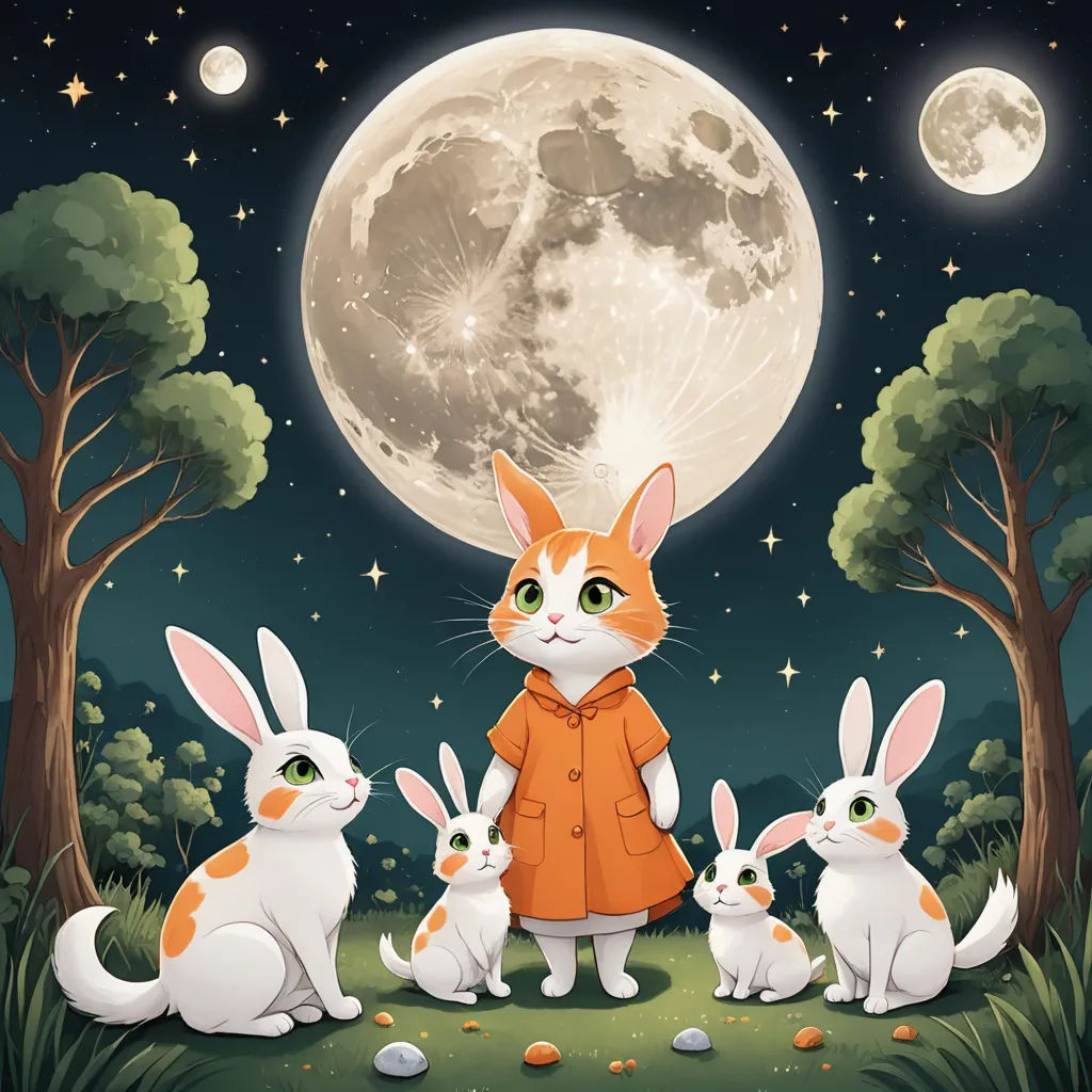 a cat and four rabbits in a forest under a full moon with stars and a full moon behind them, pop surrealism, a storybook illustration, Beatrix Potter, comic cover art