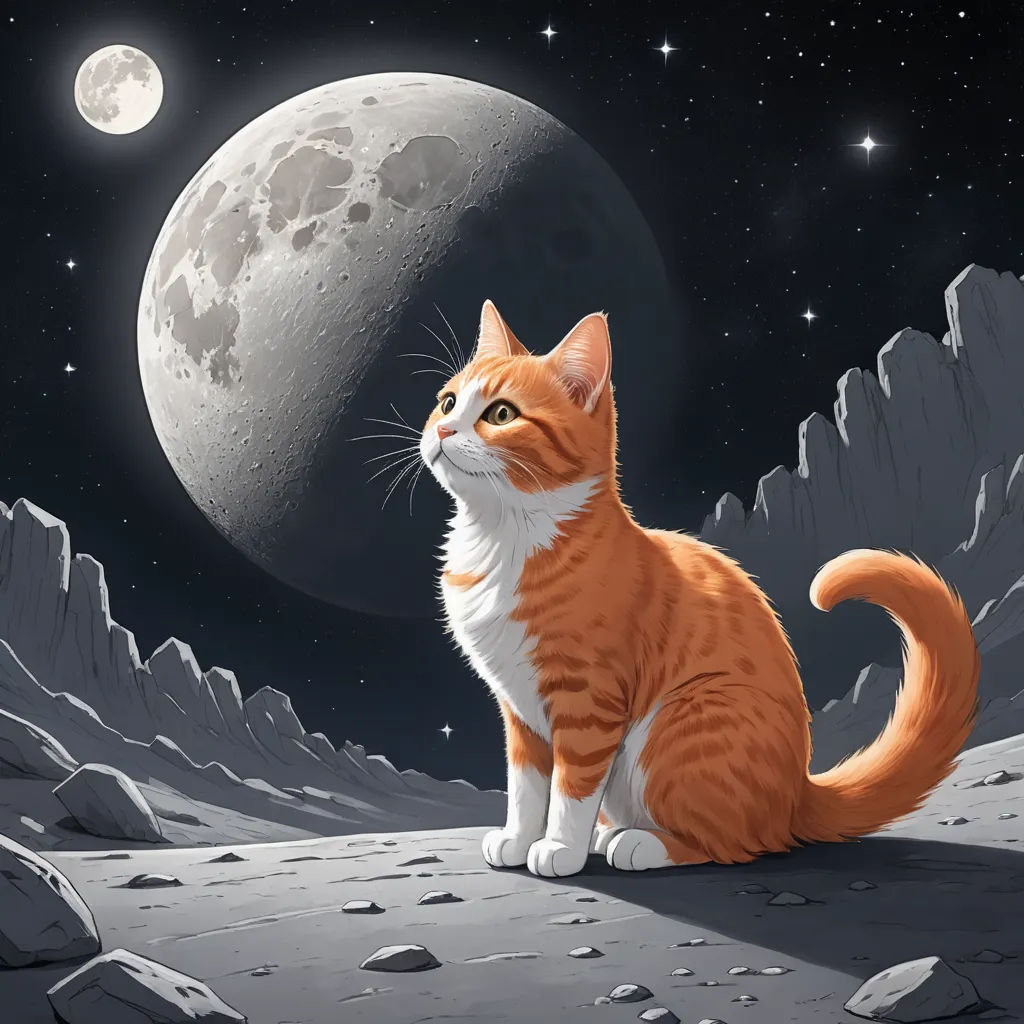 a cat sitting on the moon gazing at the stars and the moon in the sky above it is a rocky landscape, space art, computer graphics, David A Hardy, moon