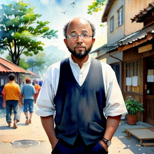 a man standing in front of a painting of a man with glasses on his head and a beard and a beard