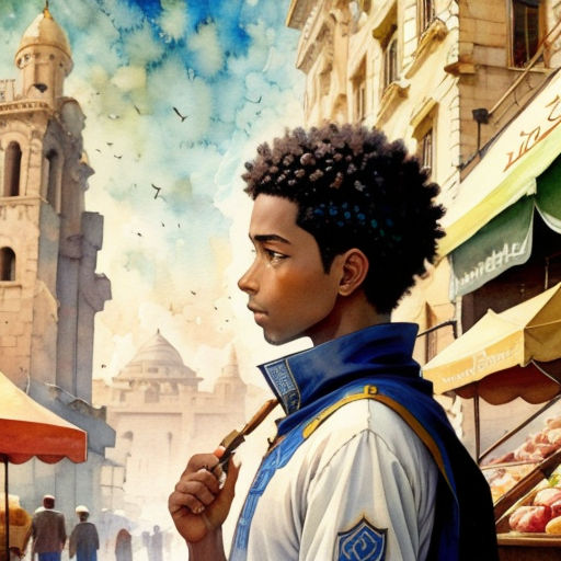 a painting of a boy with a umbrella in a city street with a clock tower in the background and a building with a clock tower