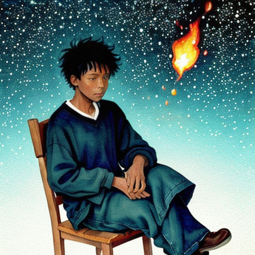 a painting of a man sitting on a chair in front of a sky full of stars and a fire