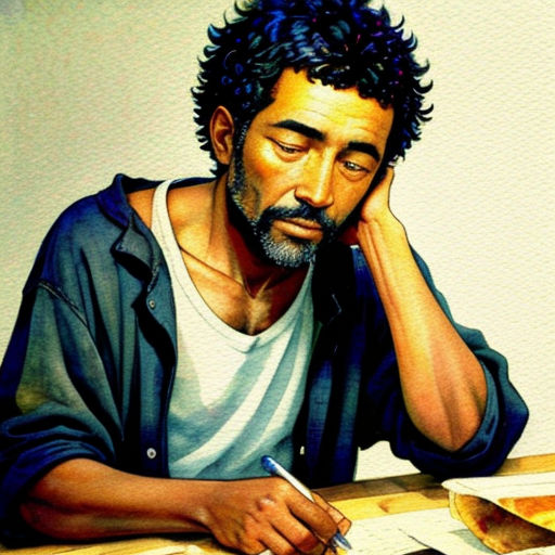 a man sitting at a table with a pen and paper in his hand and a cell phone to his ear