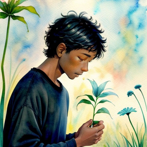 a painting of a boy holding a plant in his hands and looking at it with a flower in his hand