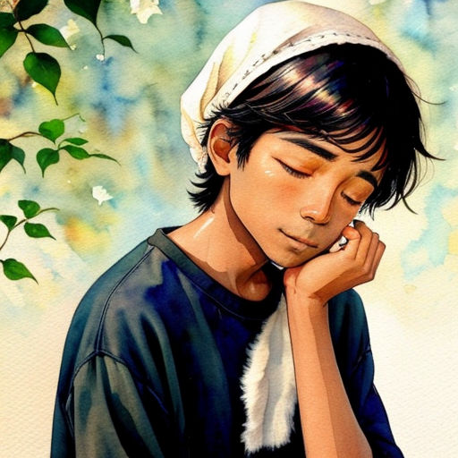 a painting of a boy with a white head scarf on his head and a tree in the background with white flowers