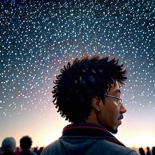 a man looking up at the sky with stars in the sky above him and a person standing in front of him