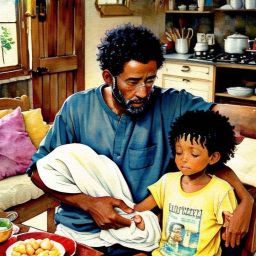 a man and a child are sitting at a table with food on it and a bowl of fruit on the table