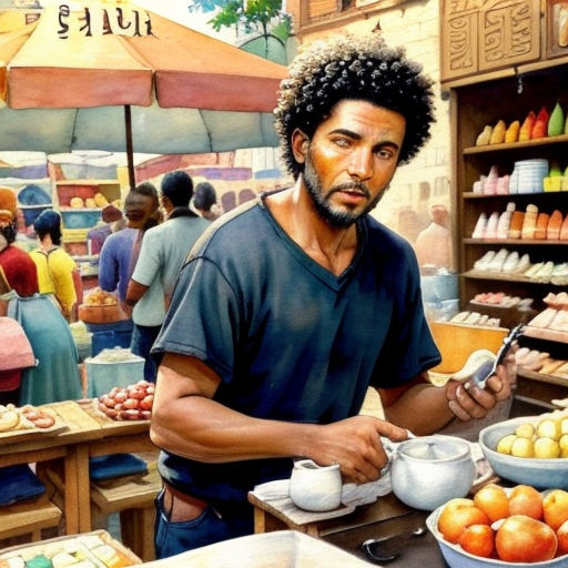a painting of a man in a market with a phone and a bowl of fruit in front of him